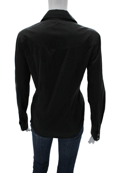 Theory Women Collared Black Long Sleeve Button-Up Polyester Blouse Size L