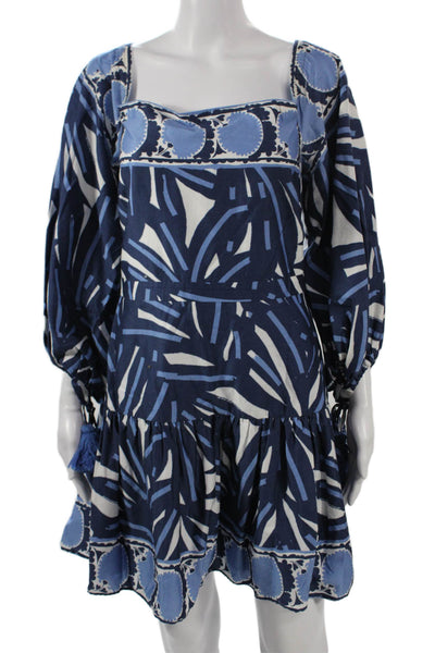 Alexis Women Mini Shirt Dress Dark Blue Cotton Square Neck 3/4 Sleeve Size L