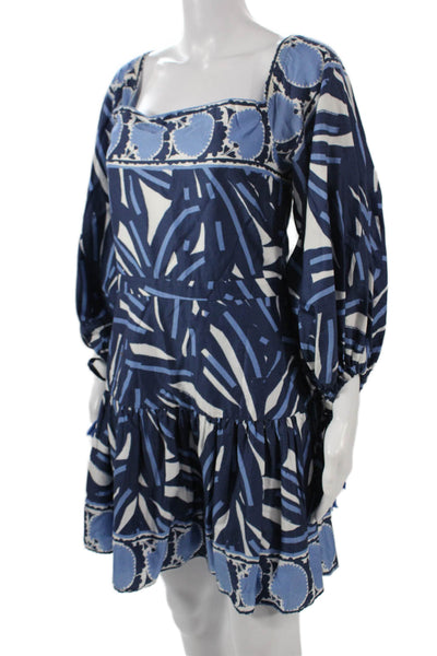 Alexis Women Mini Shirt Dress Dark Blue Cotton Square Neck 3/4 Sleeve Size L