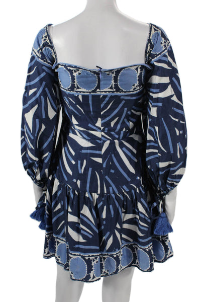 Alexis Women Mini Shirt Dress Dark Blue Cotton Square Neck 3/4 Sleeve Size L