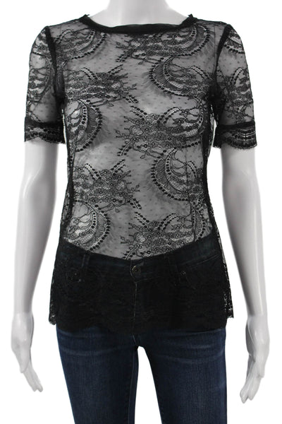 Nanette Lepore Women Black Lace Paisley Crew Neck Short Sleeve Blouse Size 0