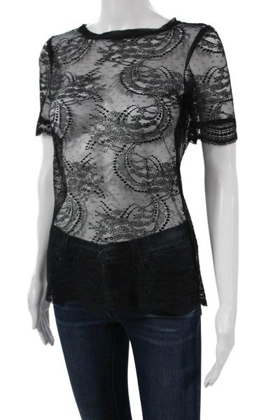 Nanette Lepore Women Black Lace Paisley Crew Neck Short Sleeve Blouse Size 0