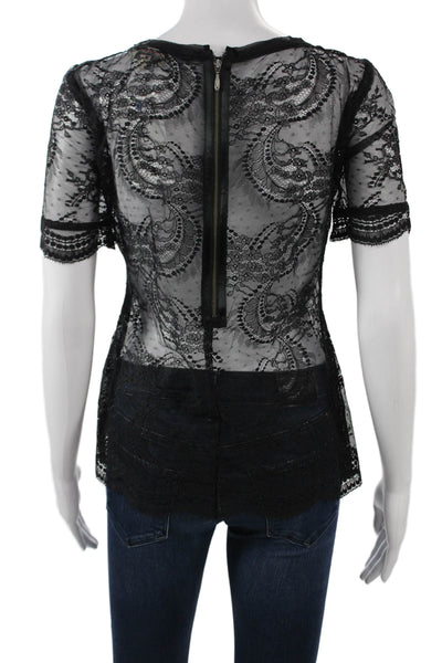 Nanette Lepore Women Black Lace Paisley Crew Neck Short Sleeve Blouse Size 0