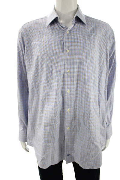 David Donahue Mens Plaid Button Down Shirt Blue Cotton Size 17.5 34/35