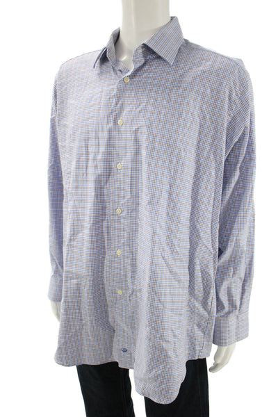 David Donahue Mens Plaid Button Down Shirt Blue Cotton Size 17.5 34/35