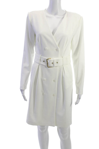 Calvin Klein Women White V-Neck Long Sleeve Jacket Dress Buckle Waist Size 4