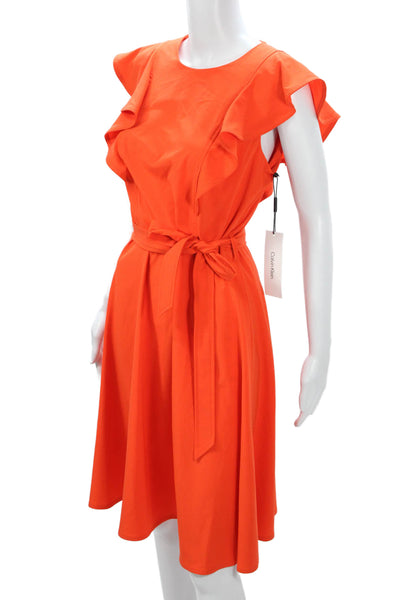 Calvin Klein Womens Fit & Flare Dress Orange Short Sleeve Tie Round Neck Size 4