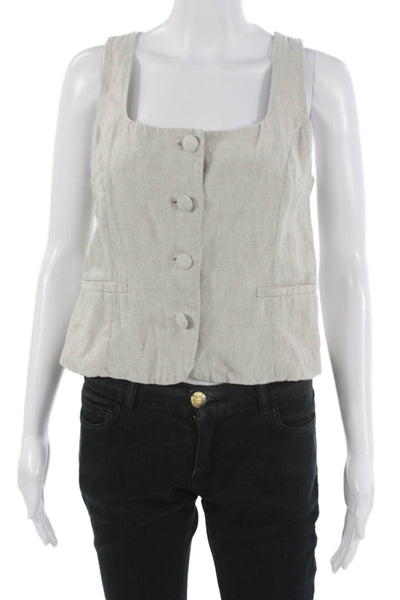 J Crew Women Cropped Linen Button-Up Tank Beige Square Neck Sleeveless Size 4