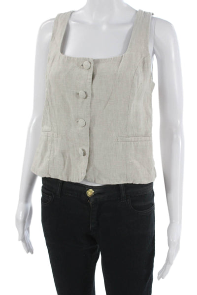 J Crew Women Cropped Linen Button-Up Tank Beige Square Neck Sleeveless Size 4
