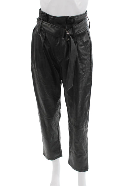 Elan Women Cropped Paperbag Black Pants Buckle 55% Polyester 45% PU Size S