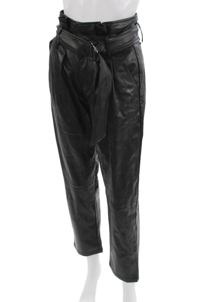 Elan Women Cropped Paperbag Black Pants Buckle 55% Polyester 45% PU Size S