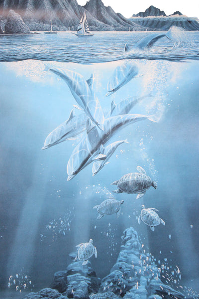 Robert Lyn Nelson White Blue Underwater Dolphin Turtle Scene Poster 30"x24"