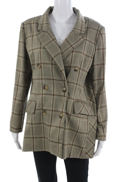 Lioness Women Plaid Collared Button Blazer Beige Long Sleeve Size M