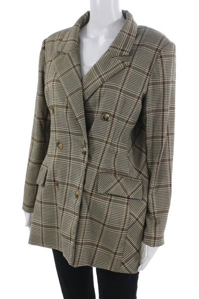 Lioness Women Plaid Collared Button Blazer Beige Long Sleeve Size M