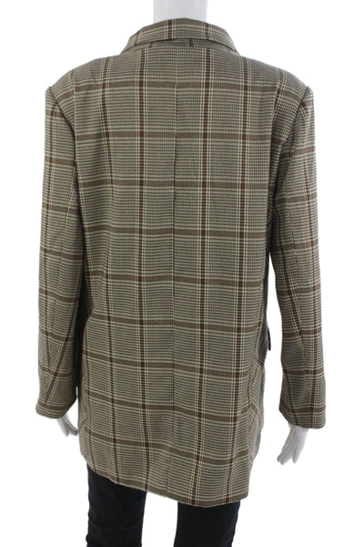 Lioness Women Plaid Collared Button Blazer Beige Long Sleeve Size M