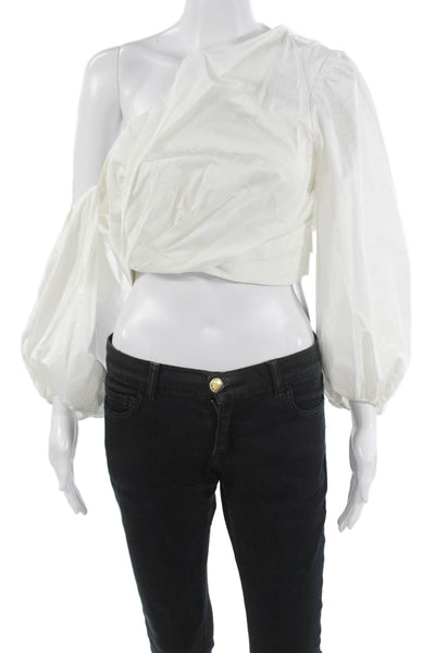 AMUR Womens Cropped Blouse White Long Sleeve Organic Cotton Size L