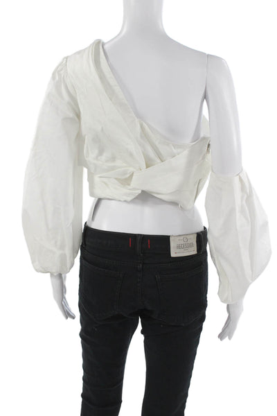 AMUR Womens Cropped Blouse White Long Sleeve Organic Cotton Size L
