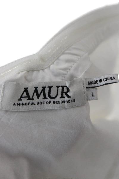 AMUR Womens Cropped Blouse White Long Sleeve Organic Cotton Size L