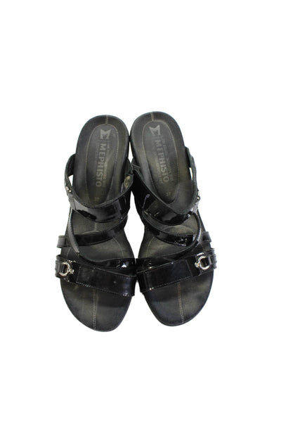 Mephisto Womens Patent Leather Strappy Wedge Sandals Black Size 37 7