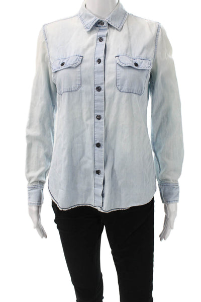 AG Womens Cowboy Collared Button-Up Shirt Light Blue Cotton Long Sleeve Size S