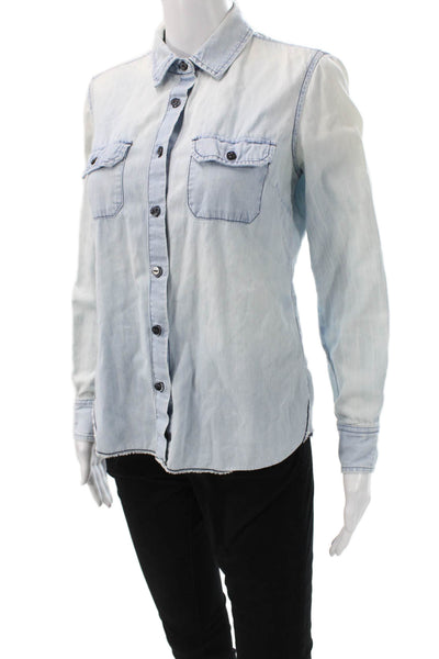 AG Womens Cowboy Collared Button-Up Shirt Light Blue Cotton Long Sleeve Size S