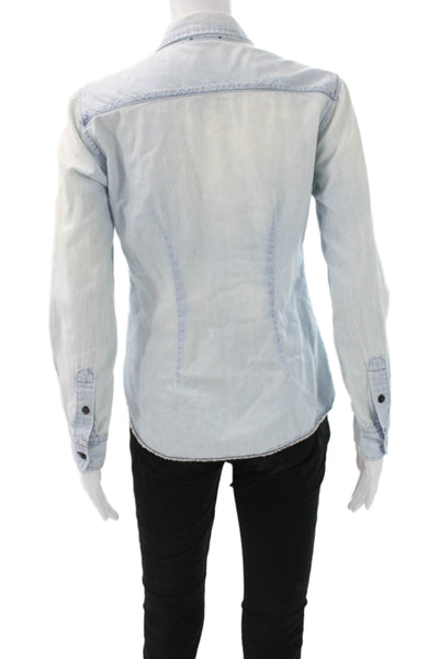 AG Womens Cowboy Collared Button-Up Shirt Light Blue Cotton Long Sleeve Size S