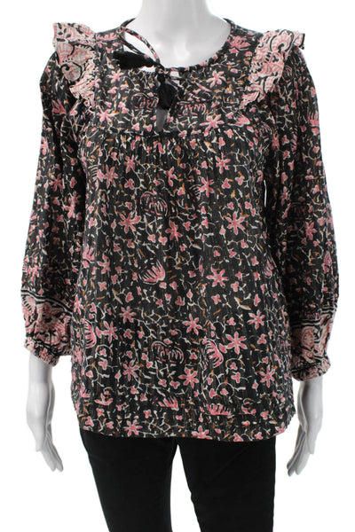 Cleobella Womens Tunic Blouse Black Floral Long Sleeve Tie Size S