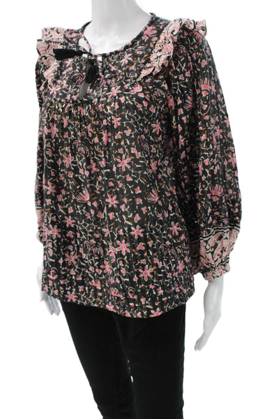 Cleobella Womens Tunic Blouse Black Floral Long Sleeve Tie Size S
