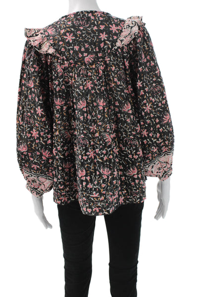 Cleobella Womens Tunic Blouse Black Floral Long Sleeve Tie Size S