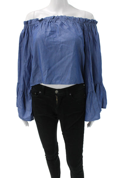 Rumor Boutique Women Cropped Blue Cotton Bohemian Long Sleeve Blouse Size S