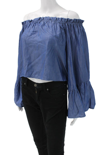 Rumor Boutique Women Cropped Blue Cotton Bohemian Long Sleeve Blouse Size S