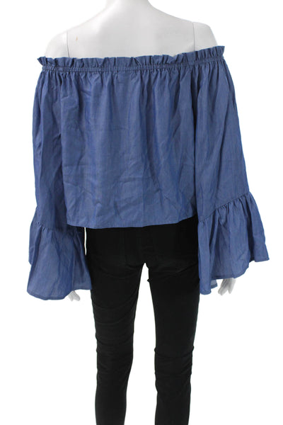 Rumor Boutique Women Cropped Blue Cotton Bohemian Long Sleeve Blouse Size S