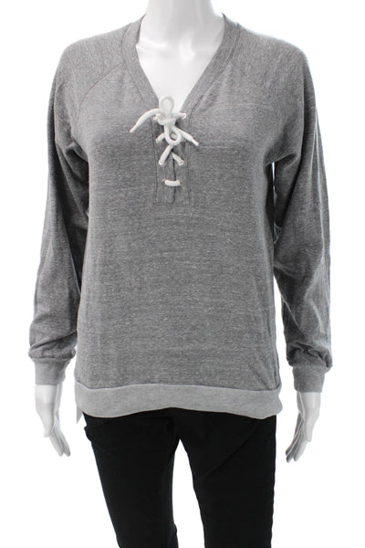 Monrow Women Henley Sweatshirt Gray V-Neck Drawstring Long Sleeve Size S