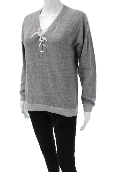 Monrow Women Henley Sweatshirt Gray V-Neck Drawstring Long Sleeve Size S