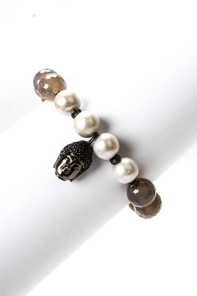 Designer Womens 925 Silver Gray Chalcedony+Pearl+Zircon Buddha Bead Bracelet
