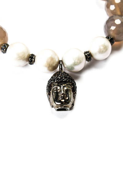 Designer Womens 925 Silver Gray Chalcedony+Pearl+Zircon Buddha Bead Bracelet