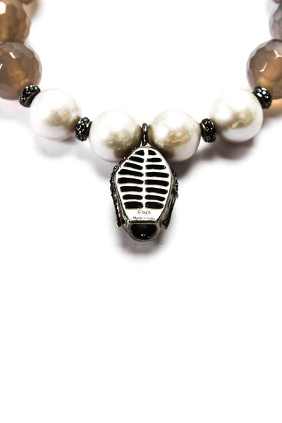 Designer Womens 925 Silver Gray Chalcedony+Pearl+Zircon Buddha Bead Bracelet