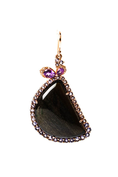 SB Womens R Gold Plated 925 Sheen Obsidian + Iolite + Amethyst Dangle Earrings