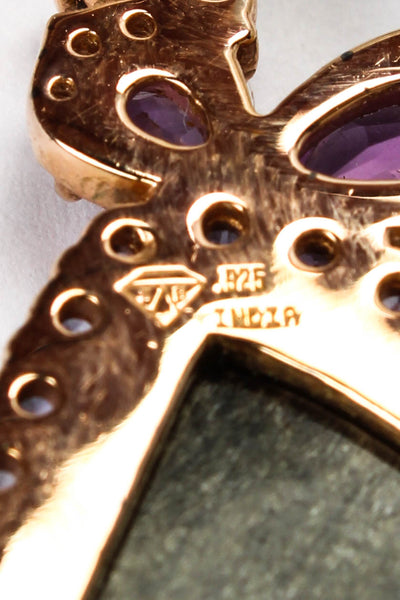 SB Womens R Gold Plated 925 Sheen Obsidian + Iolite + Amethyst Dangle Earrings