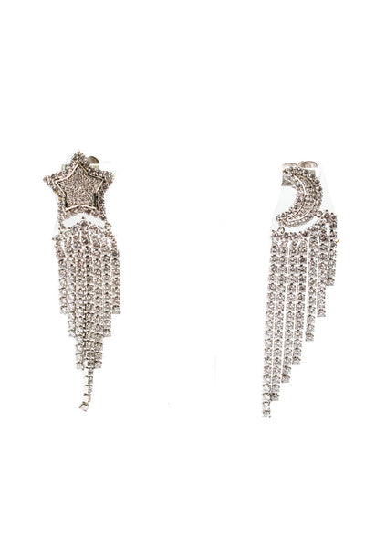 JCL Womens Vintage Silver Tone Rhinestone Star + Moon Fringe Earrings