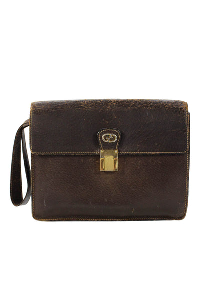 Gucci Vintage Womens Leather Gold Tone Wristlet Handbag Brown