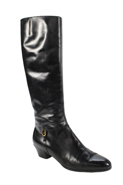 Salvatore Ferragamo Womens Leather Gold Tone Knee High Boots Black Size 10 B