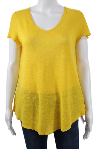 Eileen Fisher Womens Yellow V Neck Short Sleeve Organic Linen T Shirt Size M