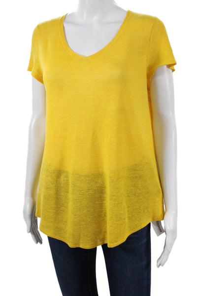 Eileen Fisher Womens Yellow V Neck Short Sleeve Organic Linen T Shirt Size M