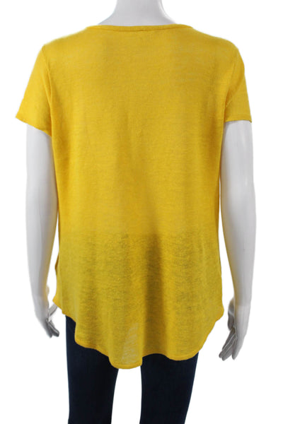 Eileen Fisher Womens Yellow V Neck Short Sleeve Organic Linen T Shirt Size M