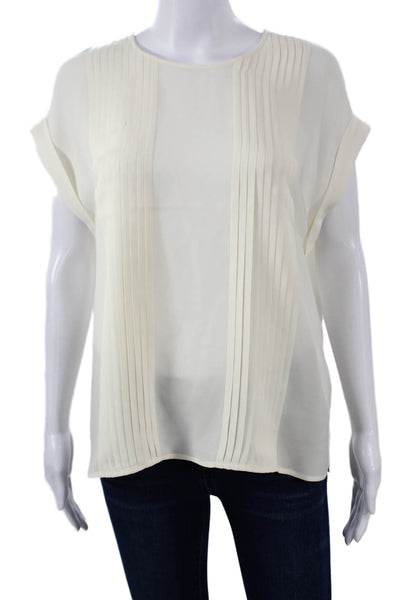 Theory Women Silk Button Crew Neck Short Sleeve Blouse White Size L