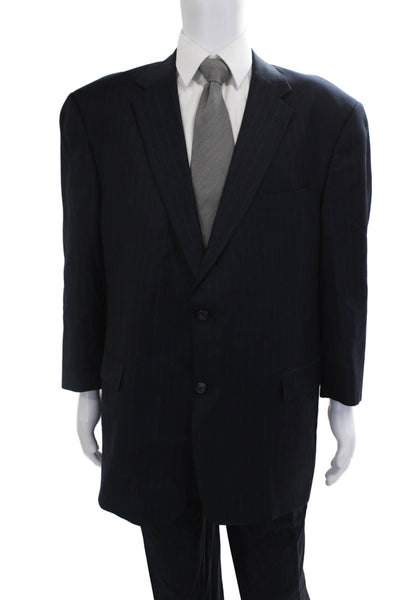 Hart Schaffner Marx Mens Dark Blue Striped 2-Pc Poly Blend Suit Size 48