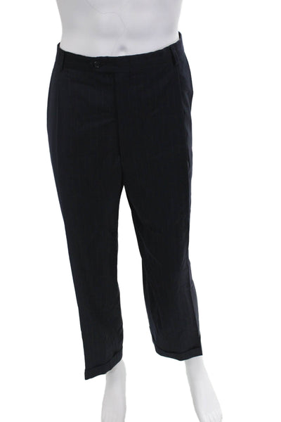 Hart Schaffner Marx Mens Dark Blue Striped 2-Pc Poly Blend Suit Size 48