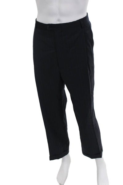 Hart Schaffner Marx Mens Dark Blue Striped 2-Pc Poly Blend Suit Size 48