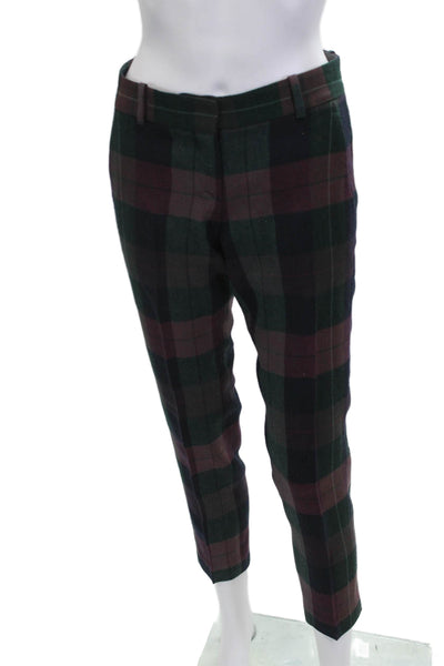 Theory Unisex Ankle Cropped Dress Pants Green Plaid 100% Wool Button Size 2